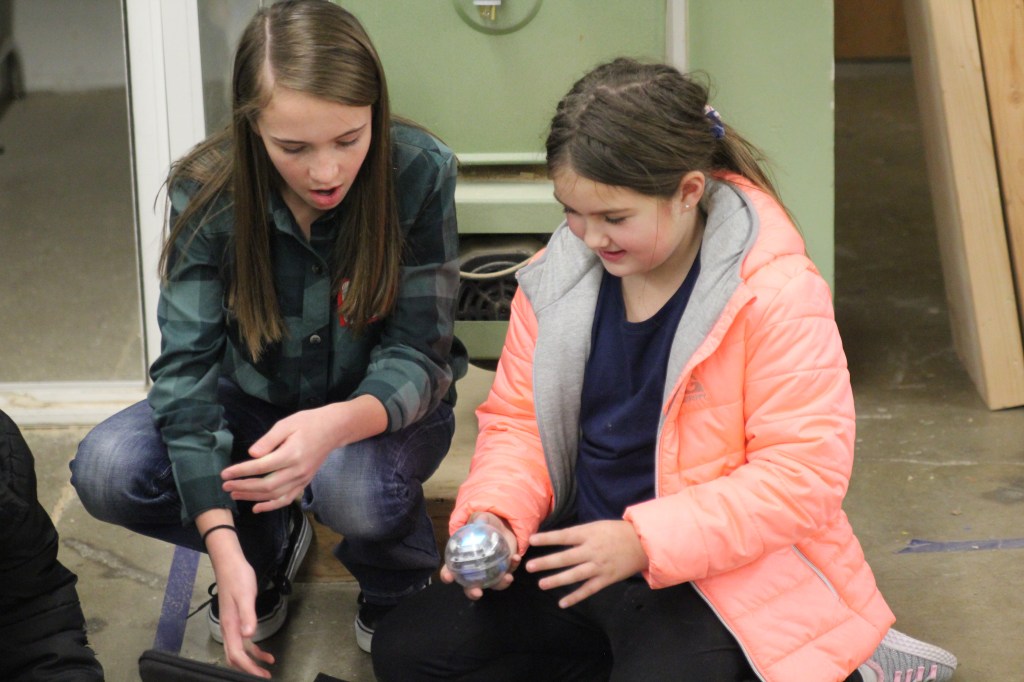 Two children play with a robotic ball.
