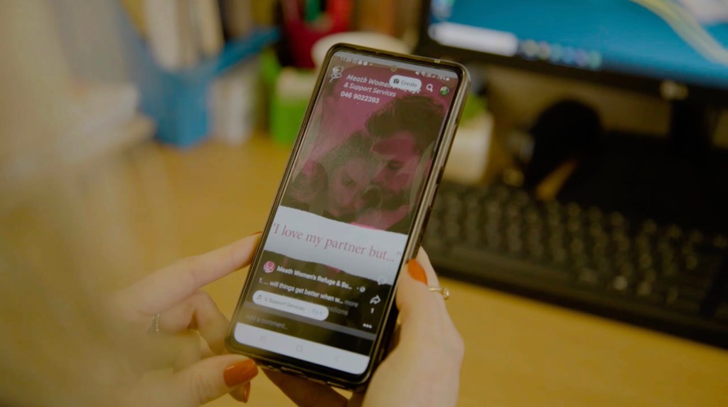 A photo of a phone with a campaign run by Meath Women's Refuge and Support Services