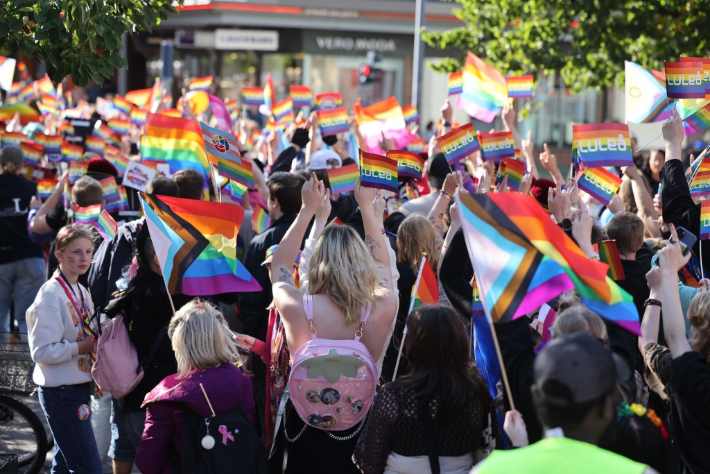 A group of people waving pride flags